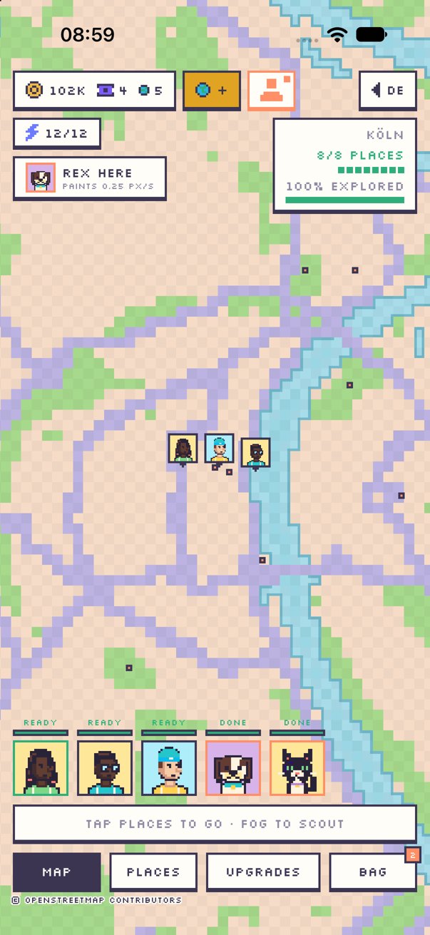 A fully explored city with rivers, parks and your travelers